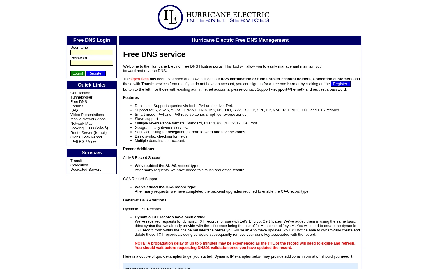 Hurricane Electric Hosted DNS 页面快照
